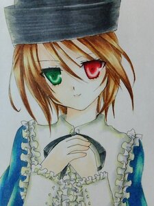 Rating: Safe Score: 0 Tags: 1girl brown_hair closed_mouth collar eyebrows_visible_through_hair frills green_eyes hat heterochromia image long_sleeves looking_at_viewer own_hands_together red_eyes short_hair simple_background smile solo souseiseki traditional_media upper_body User: admin