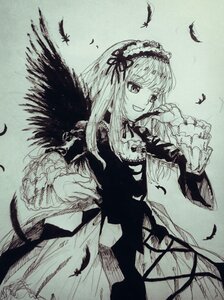 Rating: Safe Score: 0 Tags: 1girl animal bird bird_on_hand black_feathers crow dove dress feathered_wings feathers flower frills greyscale hairband image lolita_hairband long_hair long_sleeves monochrome open_mouth seagull smile solo suigintou traditional_media white_feathers wings User: admin
