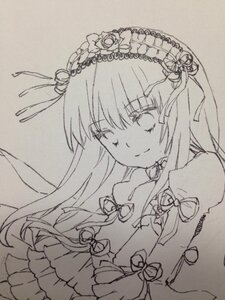 Rating: Safe Score: 0 Tags: 1girl choker dress greyscale hair_ribbon image lineart long_hair looking_at_viewer monochrome ribbon simple_background smile solo suigintou traditional_media upper_body User: admin