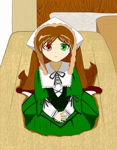 Rating: Safe Score: 0 Tags: 1girl brown_hair dress frills from_above full_body green_dress green_eyes head_scarf heterochromia image long_hair long_sleeves looking_at_viewer own_hands_together red_eyes sitting smile solo suiseiseki very_long_hair User: admin
