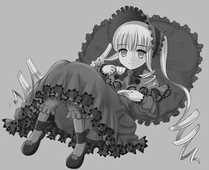 Rating: Safe Score: 0 Tags: 1girl bloomers bonnet dress drill_hair frilled_pillow frills full_body greyscale image lolita_fashion long_hair long_sleeves looking_at_viewer lying monochrome pillow shinku shoes solo striped underwear User: admin