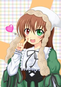 Rating: Safe Score: 0 Tags: 1girl :d black_ribbon blush brown_hair dress frills green_dress green_eyes hat head_scarf heart heterochromia image index_finger_raised long_hair long_sleeves looking_at_viewer open_mouth plaid plaid_background plaid_dress red_eyes ribbon smile solo suiseiseki User: admin