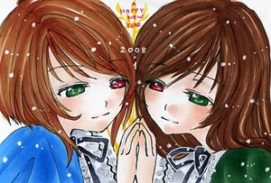 Rating: Safe Score: 0 Tags: 2girls brown_hair frills green_eyes heterochromia holding_hands image interlocked_fingers long_hair long_sleeves multiple_girls pair red_eyes short_hair siblings sisters smile souseiseki suiseiseki twins User: admin