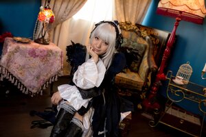 Rating: Safe Score: 0 Tags: 1girl 3d boots curtains flower hairband indoors lolita_fashion long_sleeves looking_at_viewer pillow red_eyes sitting solo suigintou thigh_boots thighhighs white_hair User: admin