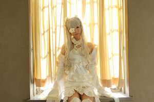 Rating: Safe Score: 0 Tags: 1girl curtains dress eyepatch indoors kirakishou lips long_hair solo stuffed_animal thighhighs white_dress window User: admin