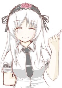 Rating: Safe Score: 0 Tags: 1girl auto_tagged blush closed_eyes closed_mouth eyebrows_visible_through_hair flower hairband image long_hair necktie rose shirt short_sleeves silver_hair simple_background smile solo striped suigintou upper_body white_background User: admin