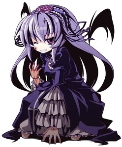 Rating: Safe Score: 0 Tags: 1girl blood commentary_request doll_joints dress flower frills gothic_lolita grin hairband highres image joints lolita_fashion long_hair one_eye_closed purple_eyes purple_hair rikumaru rozen_maiden smile solo suigintou wings User: admin