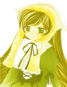 Rating: Safe Score: 0 Tags: 1girl animal_ears brown_hair dress frills green_dress green_eyes image long_hair long_sleeves looking_at_viewer ribbon smile solo suiseiseki very_long_hair white_background User: admin