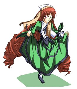 Rating: Safe Score: 0 Tags: 1girl brown_hair dress drill_hair full_body green_dress green_eyes hat head_scarf heterochromia image long_hair long_sleeves looking_at_viewer red_eyes skirt_hold solo standing suiseiseki twin_drills very_long_hair white_background User: admin