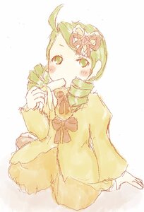 Rating: Safe Score: 0 Tags: 1girl ahoge auto_tagged blush bow bowtie drill_hair eating green_eyes green_hair hair_ornament image kanaria long_sleeves simple_background solo striped twin_drills white_background wide_sleeves yellow_dress User: admin