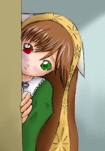 Rating: Safe Score: 0 Tags: 1girl blush brown_hair dress green_dress green_eyes heterochromia image long_sleeves looking_at_viewer peeking_out red_eyes solo suiseiseki User: admin