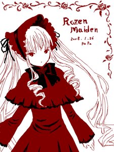 Rating: Safe Score: 0 Tags: 1girl bow bowtie dress flower image long_hair long_sleeves looking_at_viewer monochrome red_theme rose shinku simple_background solo twintails very_long_hair white_background User: admin