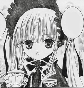 Rating: Safe Score: 0 Tags: 1girl blush bow bowtie cup dress drill_hair eyebrows_visible_through_hair greyscale holding holding_cup image long_hair long_sleeves looking_at_viewer monochrome open_mouth shinku sidelocks simple_background solo teacup traditional_media twintails upper_body User: admin