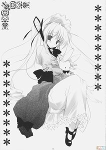 Rating: Safe Score: 0 Tags: 1girl blush dress full_body greyscale image long_hair long_sleeves looking_at_viewer monochrome shinku shoes sitting solo striped stuffed_animal stuffed_bunny twintails very_long_hair User: admin