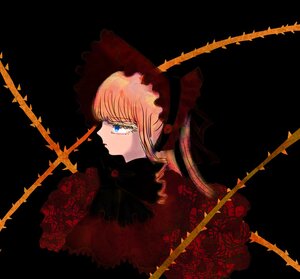 Rating: Safe Score: 0 Tags: 1girl blonde_hair blue_eyes bonnet bow dress flower image profile red_flower red_rose rose shinku simple_background solo tears User: admin