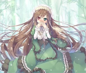 Rating: Safe Score: 0 Tags: 1girl asa_(swallowtail) bangs blush brown_hair commentary_request covering_mouth dress drill_hair eyebrows_visible_through_hair forest frills green_dress green_eyes hair_between_eyes heterochromia highres image layered_dress lolita_fashion long_hair long_sleeves looking_at_viewer nature photoshop_(medium) red_eyes rozen_maiden solo suiseiseki very_long_hair User: admin