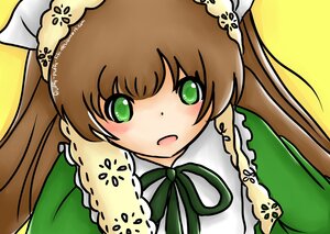 Rating: Safe Score: 0 Tags: 1girl blush brown_hair dress green_dress green_eyes image long_hair long_sleeves looking_at_viewer open_mouth ribbon simple_background solo suiseiseki upper_body yellow_background User: admin