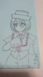 Rating: Safe Score: 0 Tags: 1girl capelet frills hand_on_own_chest hat image looking_at_viewer monochrome short_hair skirt smile solo souseiseki traditional_media User: admin