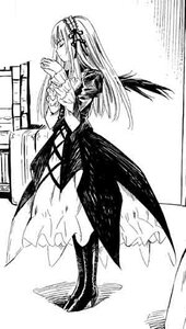 Rating: Safe Score: 0 Tags: 1girl boots dress frills full_body greyscale hairband image long_hair long_sleeves monochrome own_hands_together solo standing suigintou wings User: admin