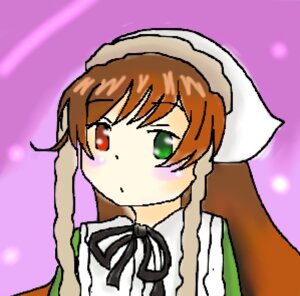 Rating: Safe Score: 0 Tags: 1girl apron brown_hair green_eyes head_scarf heterochromia image long_hair purple_background red_eyes ribbon simple_background solo suiseiseki upper_body User: admin