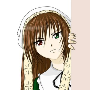 Rating: Safe Score: 0 Tags: 1girl apron bangs brown_hair closed_mouth dress frown green_eyes head_scarf heterochromia image long_hair looking_at_viewer red_eyes simple_background solo suiseiseki white_background User: admin