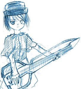 Rating: Safe Score: 0 Tags: 1girl blue_theme capelet dress hat image long_sleeves monochrome short_hair sketch smile solo souseiseki weapon User: admin