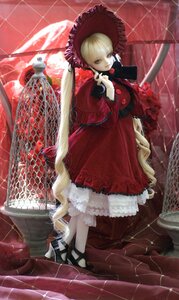 Rating: Safe Score: 0 Tags: 1girl blonde_hair checkered_floor doll dress flower frills lolita_fashion long_hair long_sleeves red_dress shinku solo standing twintails umbrella very_long_hair User: admin