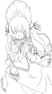 Rating: Safe Score: 0 Tags: 1girl closed_mouth dress eyebrows_visible_through_hair flower greyscale hair_ribbon image long_hair looking_at_viewer monochrome ribbon shinku simple_background smile solo white_background User: admin