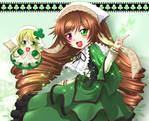 Rating: Safe Score: 0 Tags: :d auto_tagged brown_hair dress drill_hair frills green_background green_dress green_eyes hat head_scarf heterochromia image long_hair long_sleeves multiple_girls open_mouth red_eyes smile solo suiseiseki very_long_hair User: admin
