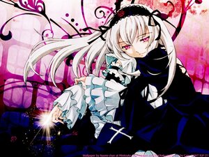 Rating: Safe Score: 0 Tags: 1girl black_ribbon dress flower frilled_sleeves frills hairband image lolita_hairband long_hair long_sleeves looking_at_viewer pink_eyes ribbon rose silver_hair smile solo suigintou wings User: admin