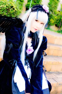 Rating: Safe Score: 0 Tags: 1girl bangs black_dress closed_mouth dress gothic_lolita hairband lips lolita_fashion long_hair long_sleeves looking_at_viewer outdoors red_eyes smile solo suigintou white_hair wings User: admin