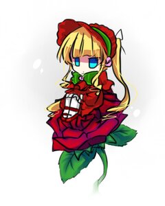 Rating: Safe Score: 0 Tags: 1girl blonde_hair blue_eyes bonnet bow bowtie chibi cup dress flower full_body image long_hair long_sleeves rose shinku sitting solo teacup twintails User: admin