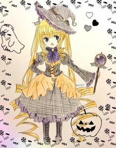 Rating: Safe Score: 0 Tags: 1girl blonde_hair blue_eyes boots bow dress frills halloween hat image jack-o'-lantern long_hair long_sleeves pumpkin shinku solo standing traditional_media twintails umbrella very_long_hair User: admin