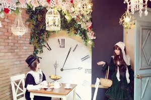 Rating: Safe Score: 0 Tags: 2girls brown_hair dress flower hat indoors instrument multiple_cosplay multiple_girls musical_note red_flower red_rose rose short_hair sitting table tagme window User: admin