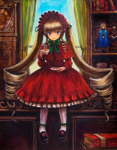 Rating: Safe Score: 0 Tags: 1girl blonde_hair blue_eyes bonnet bow bowtie cup dress drill_hair full_body green_bow holding image indoors long_hair long_sleeves looking_at_viewer red_dress saucer shinku shoes sitting solo table teacup traditional_media twin_drills twintails very_long_hair white_legwear window User: admin