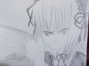 Rating: Safe Score: 0 Tags: 1girl bangs closed_mouth greyscale hair_ribbon image long_hair looking_at_viewer monochrome ribbon smile solo suigintou traditional_media User: admin