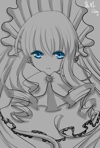 Rating: Safe Score: 0 Tags: 1girl bangs blue_eyes breasts closed_mouth dress drill_hair expressionless eyebrows_visible_through_hair flower grey_background image jewelry long_hair looking_at_viewer monochrome rose shinku signature simple_background solo spot_color twin_drills upper_body User: admin