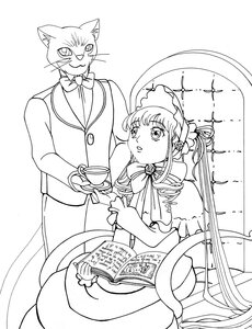 Rating: Safe Score: 0 Tags: 1boy 1girl bow bowtie cat dress drill_hair greyscale hat image lineart monochrome shinku sitting solo teacup twin_drills User: admin