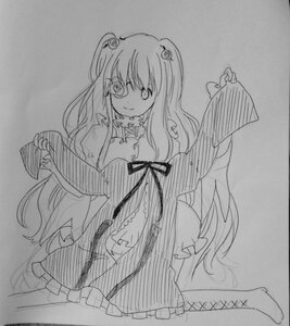 Rating: Safe Score: 0 Tags: 1girl boots dress greyscale hair_ornament image kirakishou lineart long_hair long_sleeves looking_at_viewer monochrome photo sleeves_past_wrists smile solo traditional_media wide_sleeves User: admin