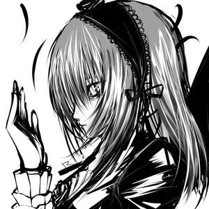 Rating: Safe Score: 0 Tags: 1girl closed_mouth greyscale hairband image lolita_fashion looking_at_viewer monochrome ribbon simple_background smile solo suigintou white_background User: admin