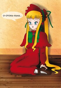 Rating: Safe Score: 0 Tags: 1girl blonde_hair blue_eyes bonnet bow bowtie capelet dress flower full_body image long_hair long_sleeves rose shinku shoes sidelocks sitting solo twintails User: admin