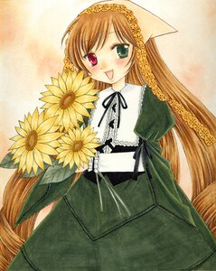 Rating: Safe Score: 0 Tags: 1girl :d blush bouquet brown_hair dress flower frills green_dress green_eyes heterochromia holding image long_hair long_sleeves looking_at_viewer open_mouth red_eyes smile solo suiseiseki sunflower traditional_media very_long_hair User: admin