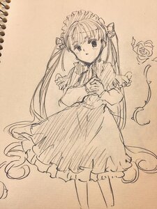 Rating: Safe Score: 0 Tags: 1girl bangs blush dress eyebrows_visible_through_hair flower frills image long_hair long_sleeves looking_at_viewer monochrome open_mouth rose shinku solo traditional_media twintails very_long_hair User: admin