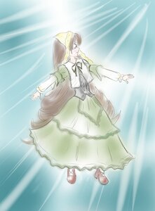 Rating: Safe Score: 0 Tags: 1girl brown_hair dress frills full_body green_dress image long_hair long_sleeves outstretched_arms profile solo standing suiseiseki very_long_hair User: admin