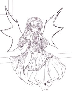 Rating: Safe Score: 0 Tags: 1girl bangs breasts dress eyebrows_visible_through_hair full_body greyscale image juliet_sleeves long_dress long_hair long_sleeves looking_at_viewer monochrome puffy_sleeves solo striped suigintou wings User: admin