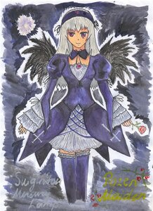 Rating: Safe Score: 0 Tags: 1girl black_wings detached_collar dress flower frills image long_hair long_sleeves looking_at_viewer puffy_sleeves rose silver_hair solo standing suigintou thighhighs wings User: admin