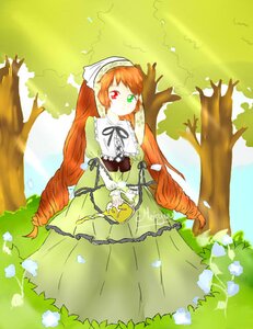 Rating: Safe Score: 0 Tags: 1girl brown_hair dress flower frills green_dress head_scarf heterochromia image long_hair long_sleeves looking_at_viewer outdoors red_eyes solo suiseiseki tree twintails very_long_hair watering_can User: admin