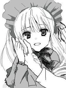 Rating: Safe Score: 0 Tags: 1girl blush dress greyscale image long_hair long_sleeves looking_at_viewer monochrome ribbon shinku simple_background smile solo upper_body white_background User: admin