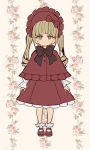 Rating: Safe Score: 0 Tags: 1girl blonde_hair blush bonnet bow bowtie capelet dress flower full_body green_eyes image long_hair long_sleeves looking_at_viewer shinku shoes solo standing striped User: admin