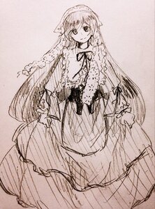 Rating: Safe Score: 0 Tags: 1girl dress frills image long_hair long_sleeves looking_at_viewer monochrome ribbon sketch skirt_hold smile solo standing suiseiseki very_long_hair User: admin